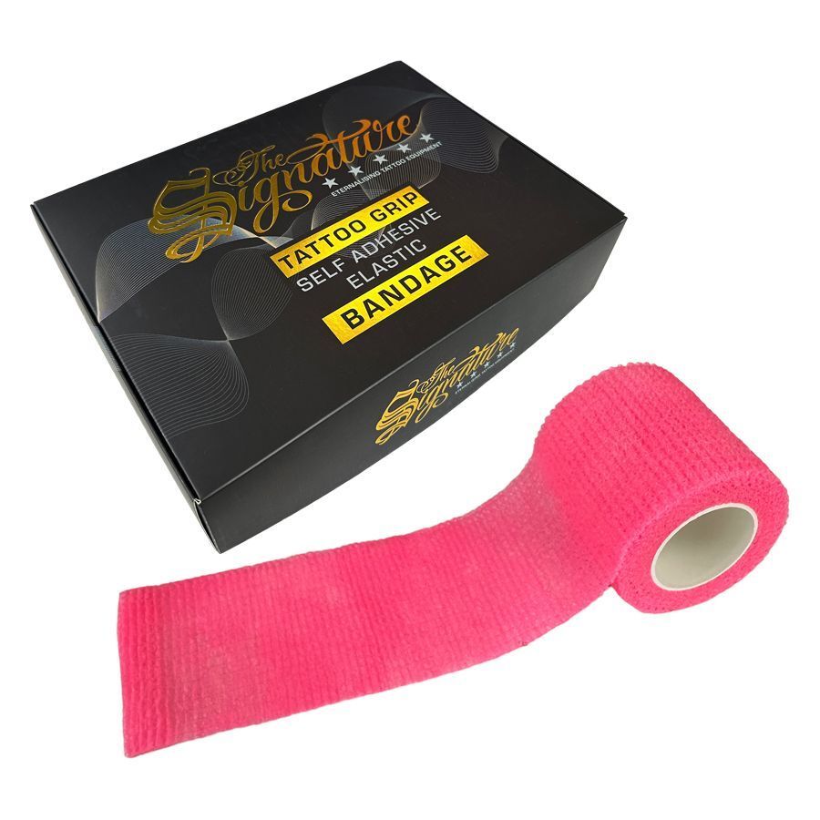 Pinkki Grip Bandage valkoisella taustalla mustan laatikon vieressä