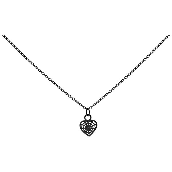 Collana nera in acciaio chirurgico con ciondolo a forma di cuore su sfondo bianco
