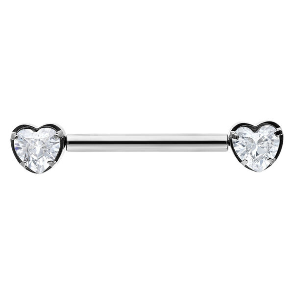 Barbell in argento con cristalli chiari a forma di cuore su sfondo bianco