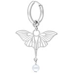 Orecchini in argento con pendente a libellula e piccola perla su sfondo bianco