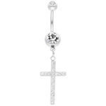 Piercing ombelico argento con croce pendente e cristalli chiari su sfondo bianco