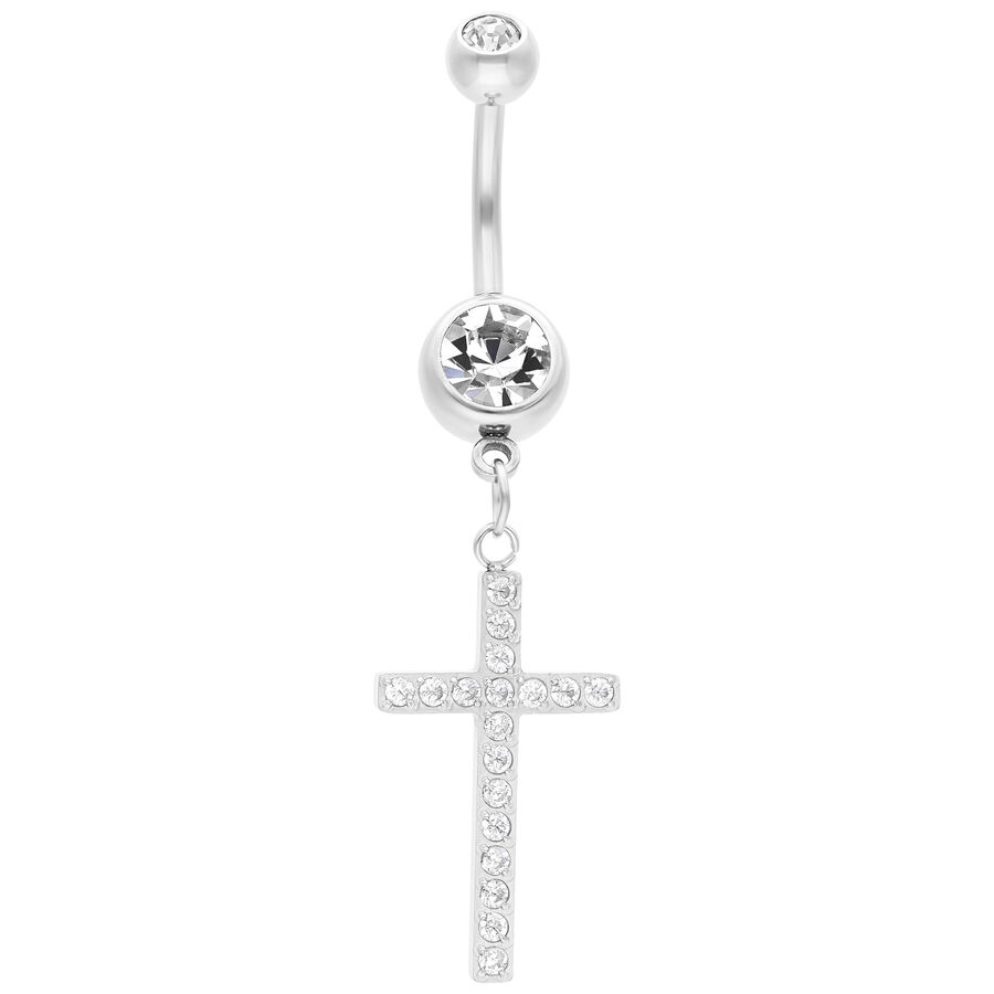 Piercing ombelico argento con croce pendente e cristalli chiari su sfondo bianco