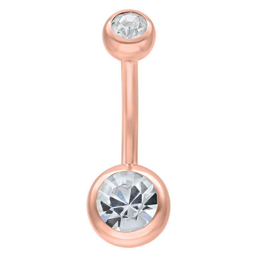 Piercing all'ombelico in oro rosa con due cristalli chiari su sfondo bianco