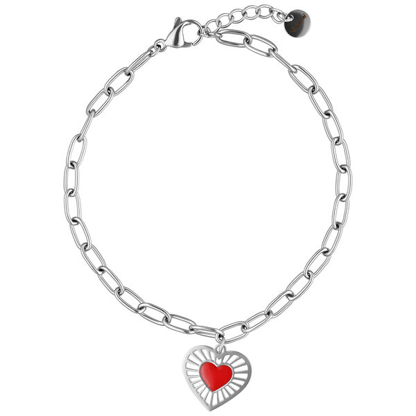 Pulsera plateada de acero quirúrgico con colgante de corazón rojo sobre fondo blanco