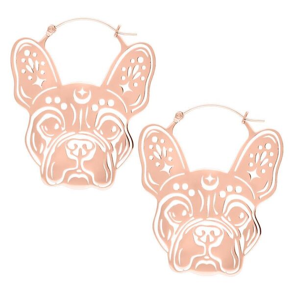 Pendientes Bulldog de oro rosa con cierre de bisagra sobre fondo blanco
