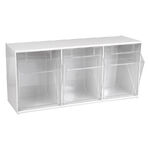 Set di scaffali bianco a tre pezzi per display con scomparti trasparenti su sfondo bianco