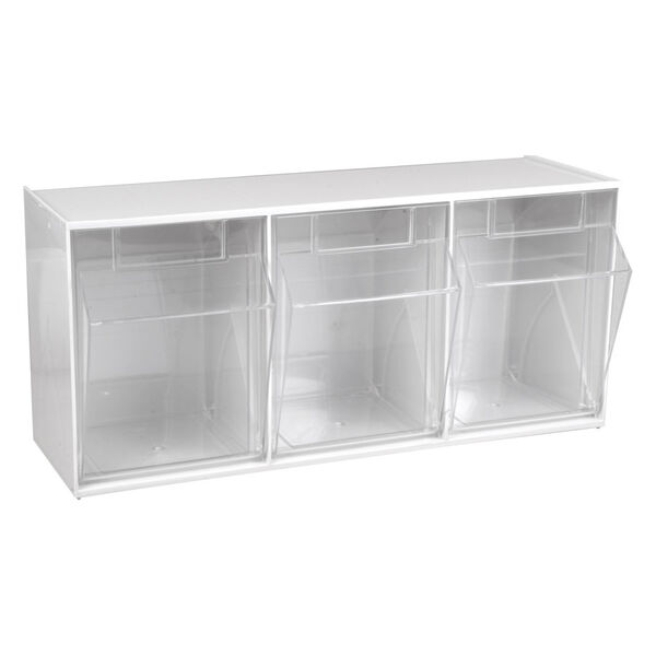 Set di scaffali bianco a tre pezzi per display con scomparti trasparenti su sfondo bianco