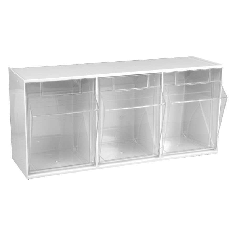Set di scaffali bianco a tre pezzi per display con scomparti trasparenti su sfondo bianco