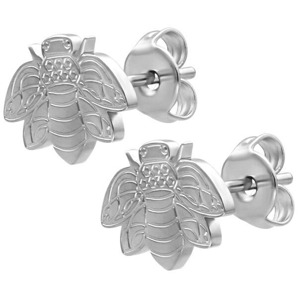 Pendientes de abeja de plata de acero inoxidable sobre fondo blanco