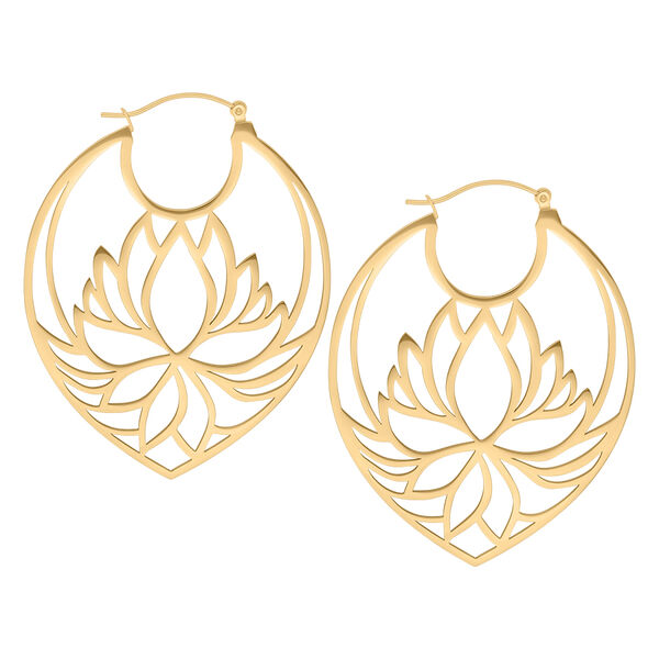 Orecchini Lily Hoops dorati e lucenti con design a loto su sfondo bianco