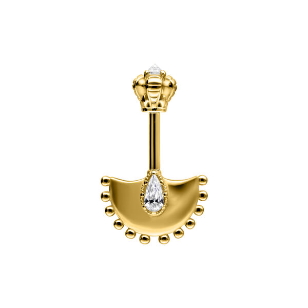 Kultainen pystysuora Helix Barbell kirkkaalla kristallilla valkoisella taustalla