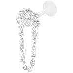 Labret Push Fit plateado con cristal y cadena decorativa sobre fondo blanco