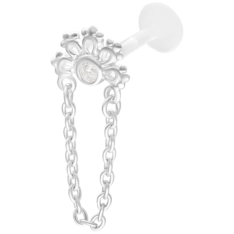 Labret Push Fit plateado con cristal y cadena decorativa sobre fondo blanco