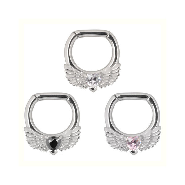 Drei silberne Wing Heart Clicker mit Herz und Flügeln auf weißem Hintergrund