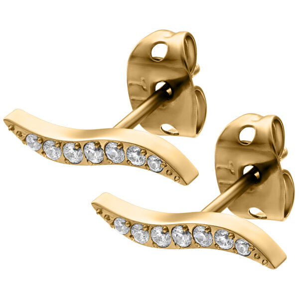 Pendientes de oro con cristales claros sobre fondo blanco