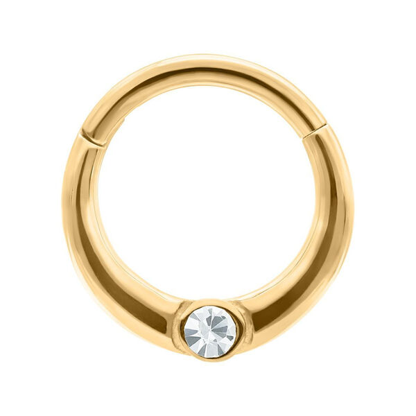 Goldener Piercingring mit klarem Kristall auf weißem Hintergrund