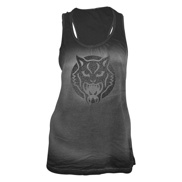 Camiseta sin mangas negra con gran logo de felinos salvajes sobre fondo gris