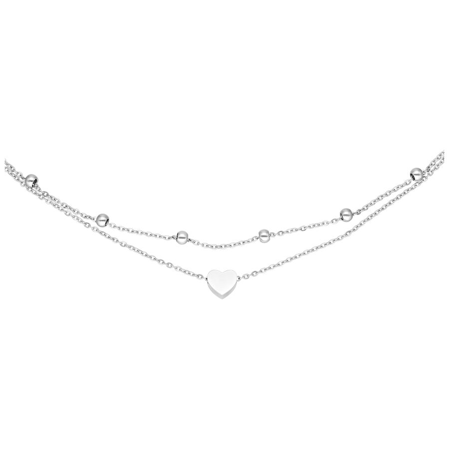 Bracciale a doppio filo in argento con ciondolo a cuore e sfere su sfondo bianco
