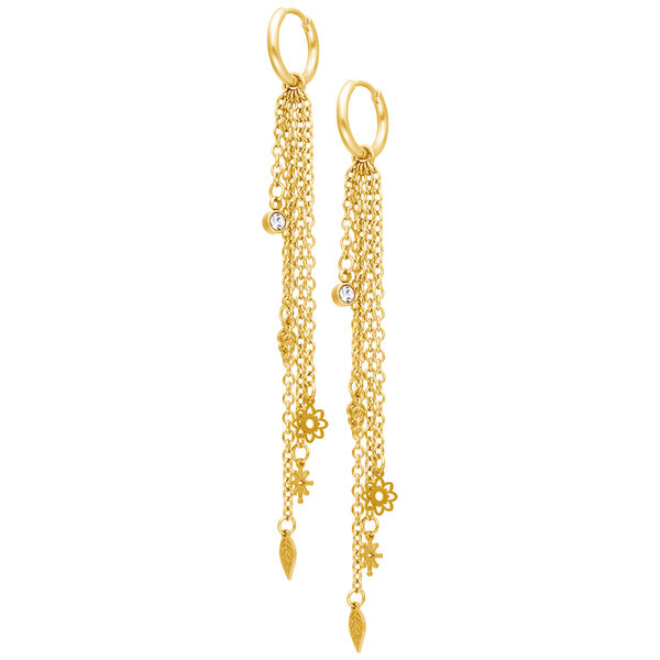 Pendientes largos dorados con colgantes de cadena y motivos florales sobre fondo blanco