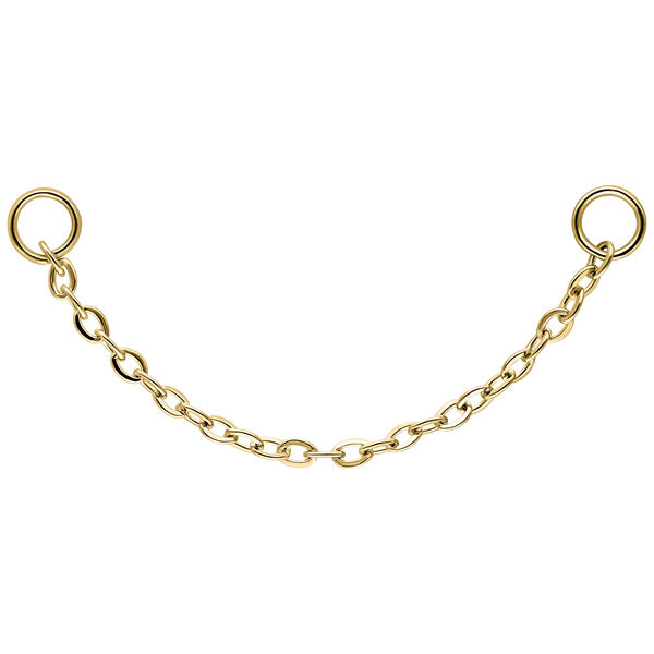 Cadena de piercing dorada con dos anillos sobre fondo blanco