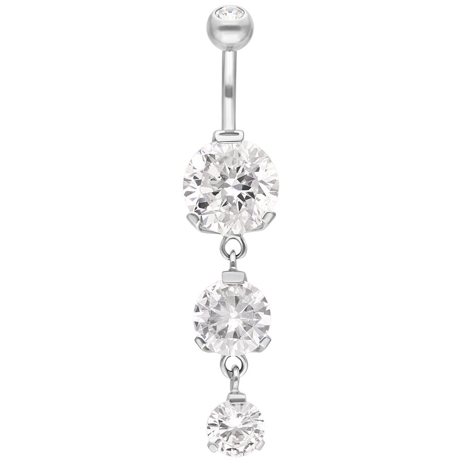 Piercing all'ombelico in argento con tre cristalli chiari su sfondo bianco