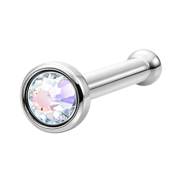 Piercing nasal plateado con cristal brillante Aurora Boreale sobre fondo blanco