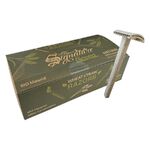 Rasoio usa e getta in paglia di grano accanto a una scatola verde con la scritta 'The Signature Green', su sfondo bianco