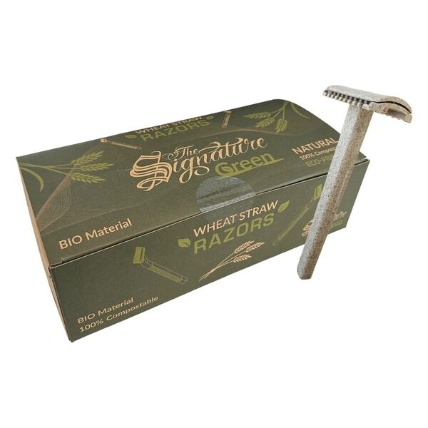 Rasoio usa e getta in paglia di grano accanto a una scatola verde con la scritta 'The Signature Green', su sfondo bianco