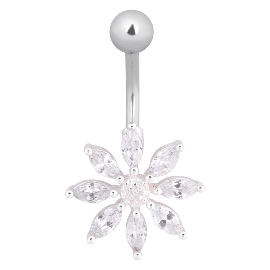 Piercing all'ombelico in argento con ciondolo a fiore di cristalli