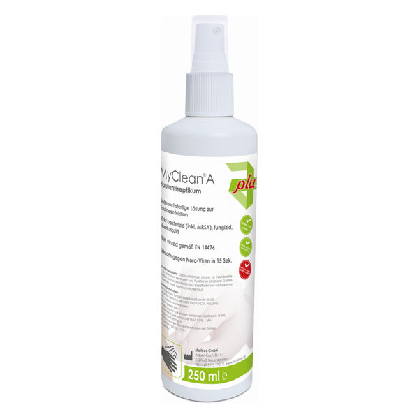 Flacone spray bianco MyClean Antisettico per la pelle 250 ml su sfondo bianco