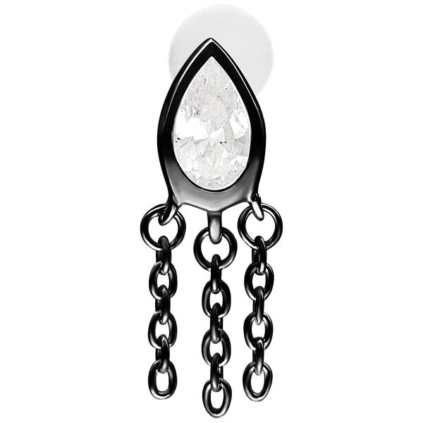 Labret negro con piedra en forma de gota y cadenas sobre fondo blanco