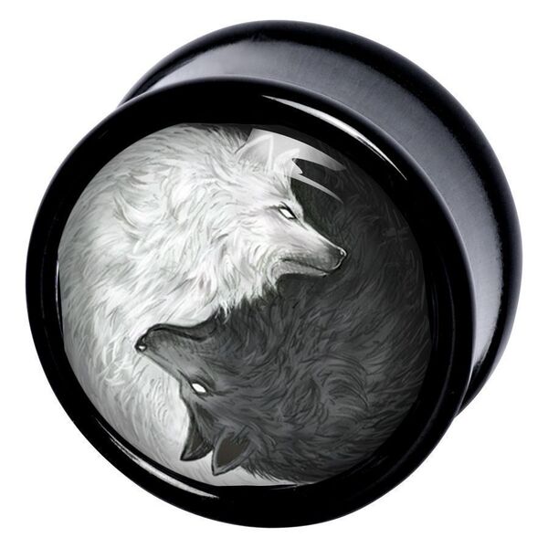 Schwarzer Plug mit Yin-Yang-Wolfsmotiv auf weißem Hintergrund