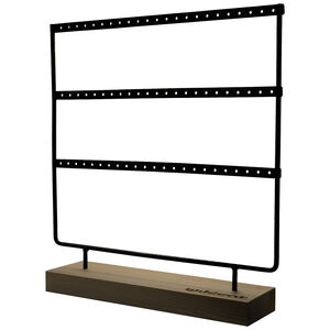 Schwarzes Display für Ringe auf Holzsockel Schwarzes Display mit drei Reihen zur Präsentation von Ringen auf rechteckigem Holzsockel