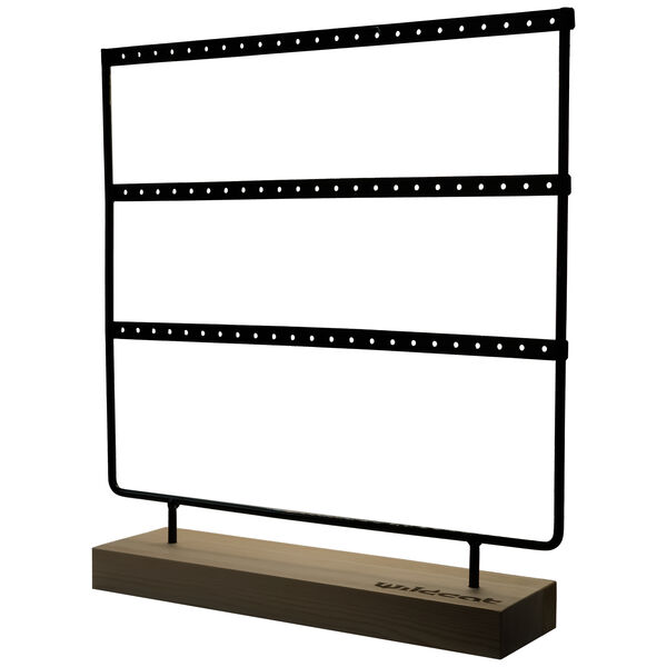 Expositor negro con tres filas para presentar anillos sobre base rectangular de madera