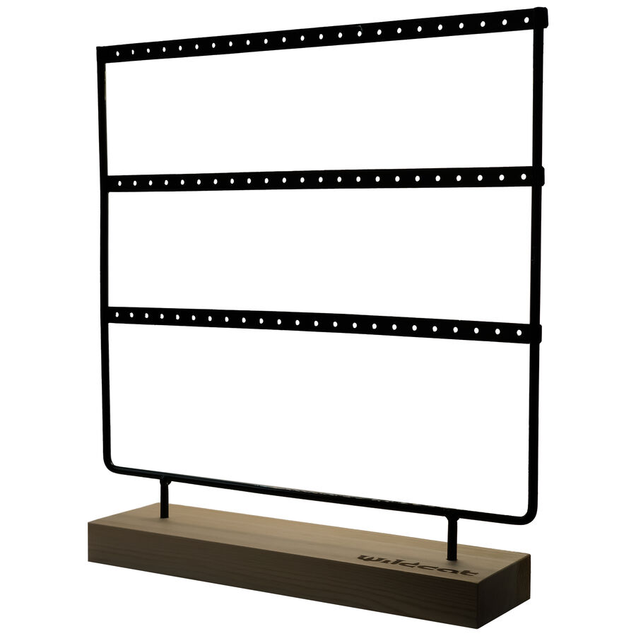 Display nero con tre file per la presentazione di anelli su base rettangolare in legno