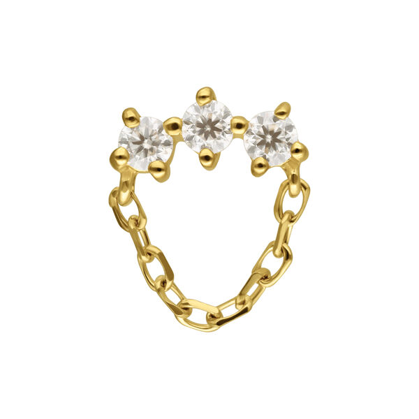 Accesorio dorado con tres piedras Moissanite y colgante de cadena sobre fondo blanco