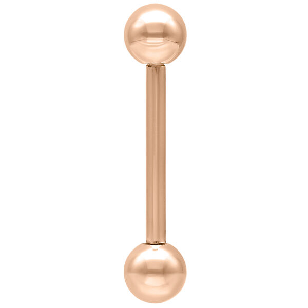 Barbell de color oro rosa con dos bolas, vertical sobre fondo blanco