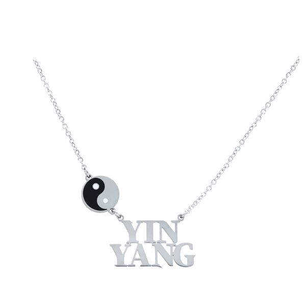 Cadena de plata Yin Yang con colgante negro y blanco sobre fondo blanco
