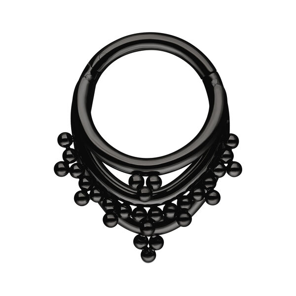 Anillo de piercing negro de titanio con bolas colgantes, fondo de estudio
