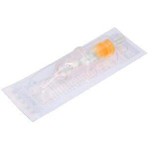 Premium Round Liner Medium Taper 5er Nadeln Transparente Cartridge mit orangefarbenem Akzent und 5er Nadel auf weißem Hintergrund