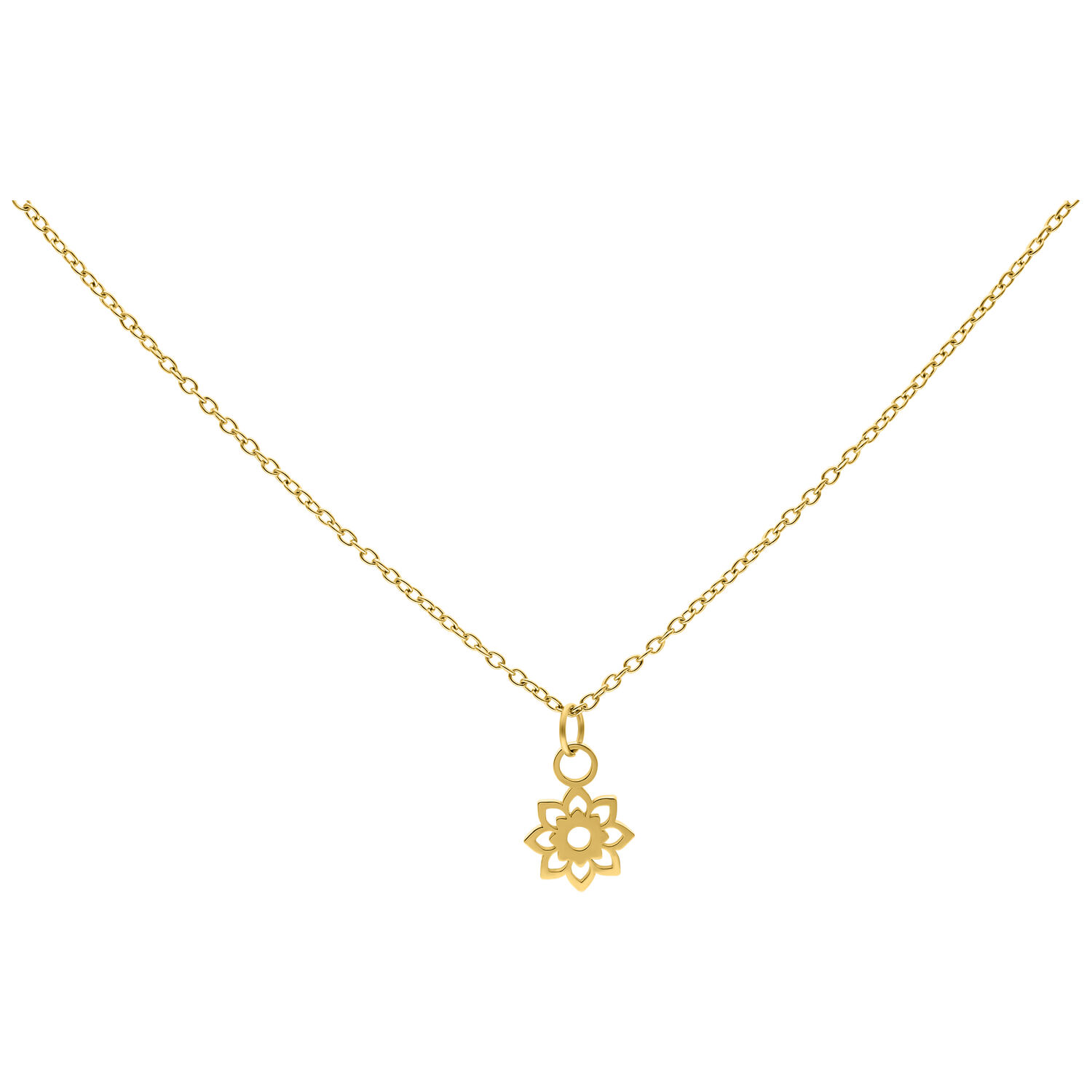 Goldene Little Sunflower Kette aus Chirurgenstahl Goldene Kette mit kleinem Sonnenblumen-Anhänger auf weißem Hintergrund