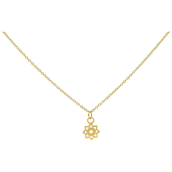 Cadena dorada con colgante de girasol pequeño sobre fondo blanco
