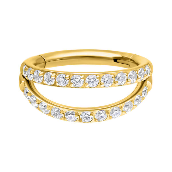 Anillo de piercing dorado con dos filas de cristales blancos sobre fondo blanco