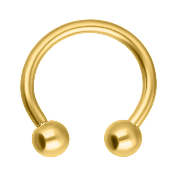 Kultainen Circular Barbell 1,2 mm paksuus Kultainen Circular Barbell 1,2 mm paksuus, 9,0 mm sisähalkaisija ja 3,0 mm pallot valkoisella taustalla