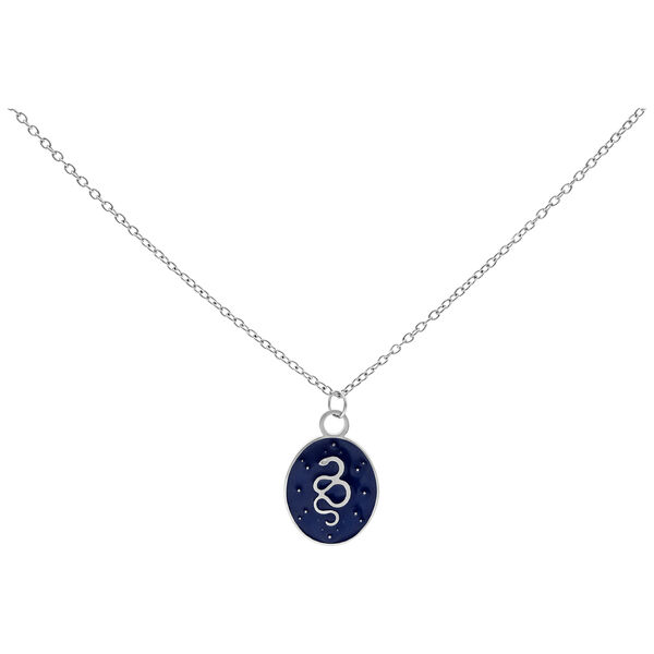 Cadena de plata con colgante ovalado y motivo de serpiente sobre fondo azul oscuro