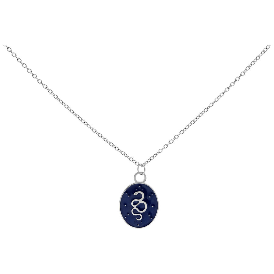 Collana d'argento con ciondolo ovale e motivo serpente su sfondo blu scuro