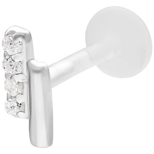 Silbernes Crystal Double Bar Push Fit Labret Silbernes Labret mit doppeltem Kristallbalken auf weißem Hintergrund