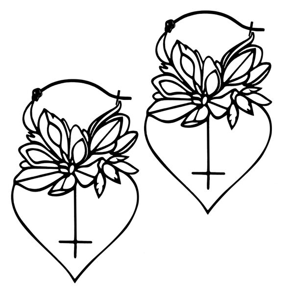 Zwei schwarze Dahlia Hoops Ohrringe mit Blumenmotiv auf weißem Hintergrund