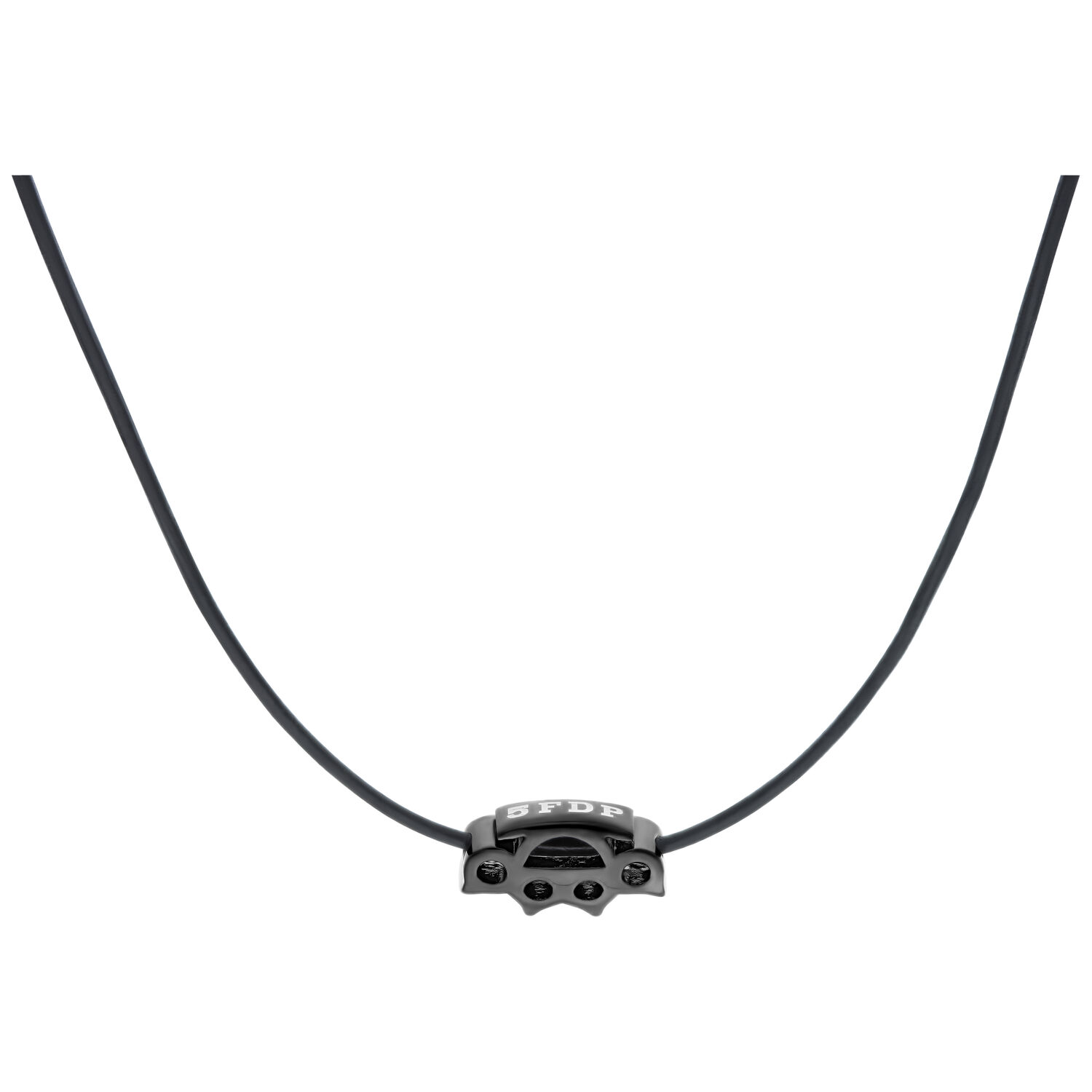 Schwarze Lederkette mit 5FDP Charm aus schwarzem Chirurgenstahl auf weißem Hintergrund