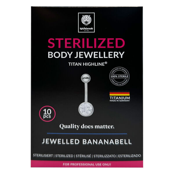 Piercing all'ombelico in titanio argento con cristallo chiaro su sfondo nero